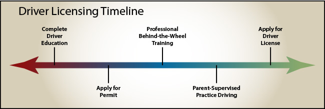 California driver licensing timeline: complete driver education, apply for permit, professional behind-the-wheel training, parent-supervised practice driving, then apply for your licence